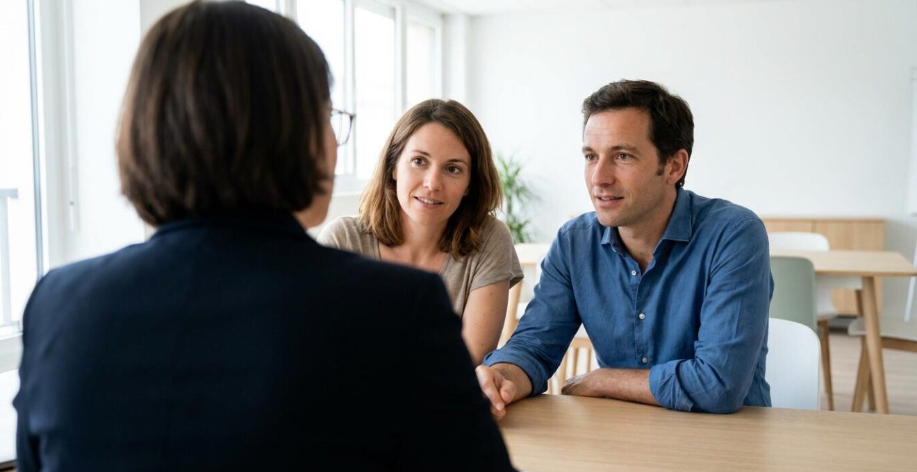 Couple français en entretien avec un professionnel immobilier dans une pièce lumineuse