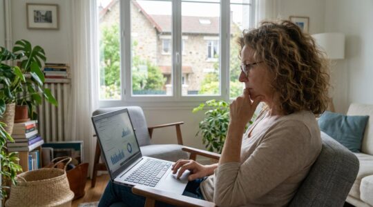 Propriétaire français comparant des agents immobiliers sur ordinateur dans son salon lumineux