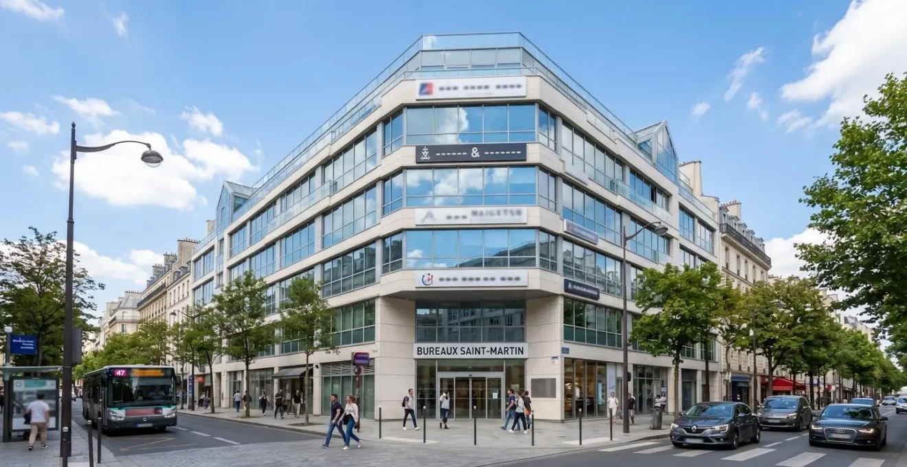 Bâtiment commercial moderne français vu de l'extérieur, façade contemporaine avec lignes épurées, lumière naturelle du jour, architecture urbaine réaliste