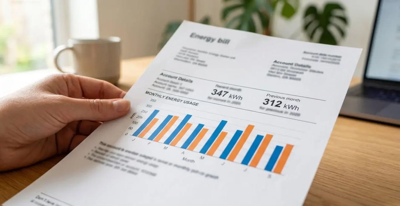 Gros plan sur une facture d'électricité professionnelle avec graphique de consommation visible, texte flouté, main tenant le document en arrière-plan flou