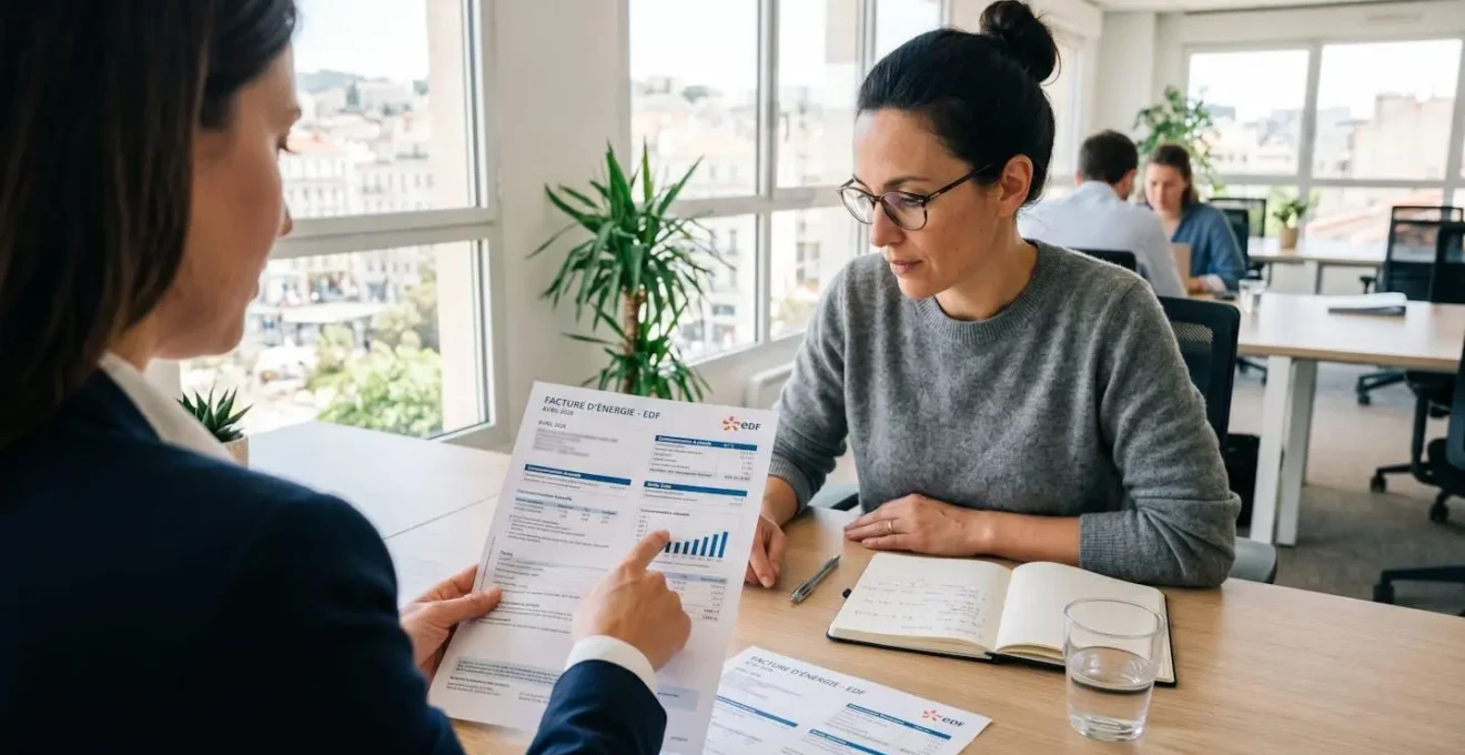 Deux professionnels en réunion de travail consultent ensemble une facture d'énergie posée sur un bureau moderne, l'un pointant des chiffres du doigt