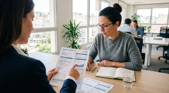 Deux professionnels en réunion de travail consultent ensemble une facture d'énergie posée sur un bureau moderne, l'un pointant des chiffres du doigt